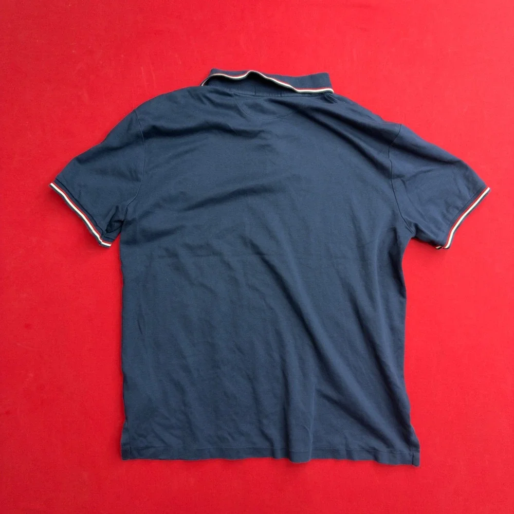 VTG Polo Ralph Lauren Mens Navy Blue Striped Trim Polo Shirt Red Pony Logo Large